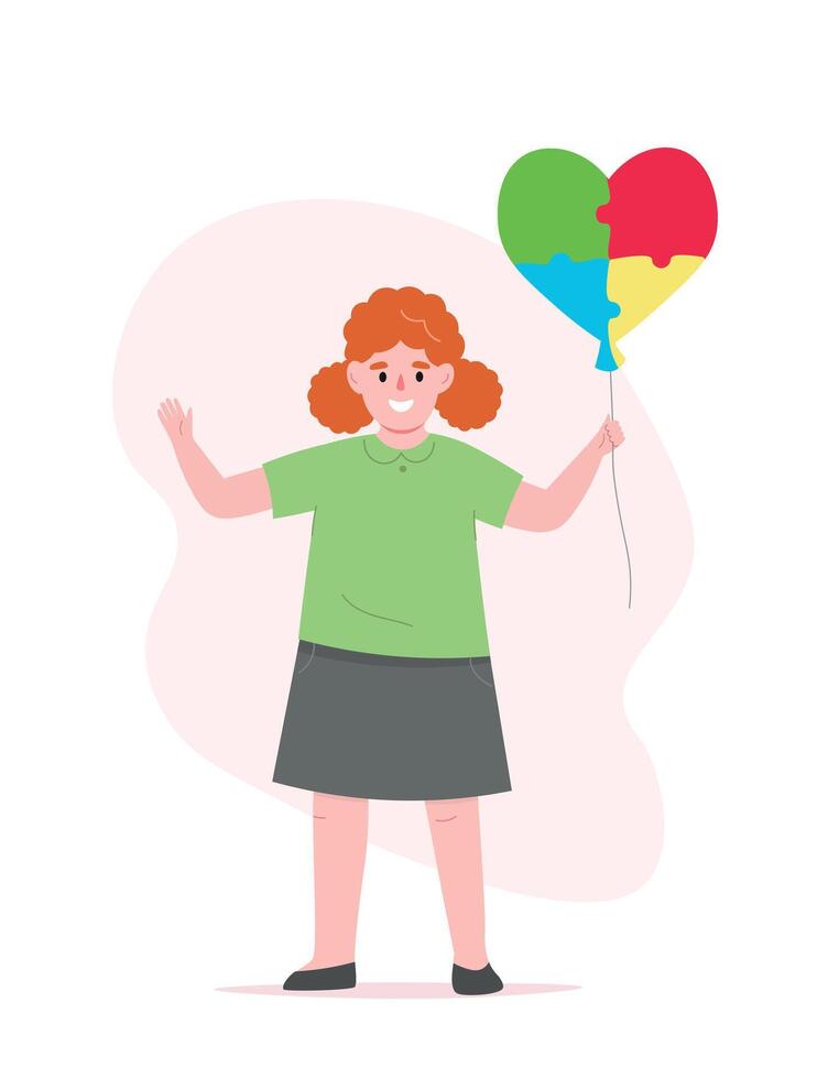 Girl holds a heart-shaped balloon made of colorful puzzles as a symbol of autism, mental differences. flat graphics. vector