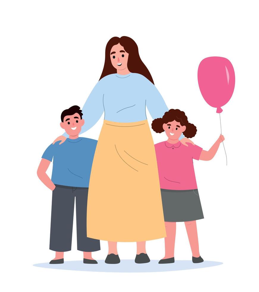 Mother standing full length with her son and daughter, hugging them. Happy family with children together. flat graphics. vector