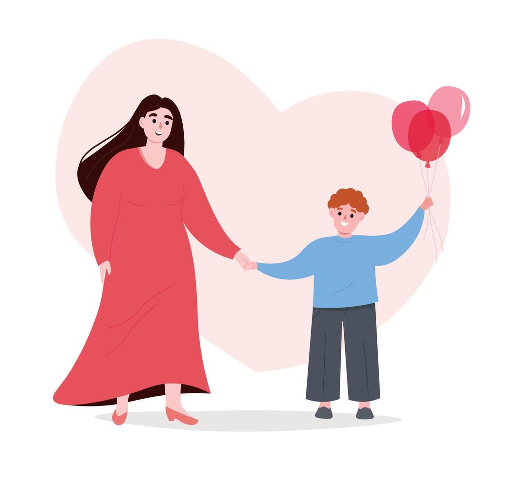 Mother and son are happy together, holding hands. Support of a child by a close person, care for him, love. flat graphics. vector