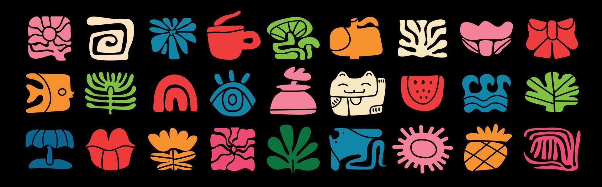Various Doodle icons. Playful hand drawn doodle set with retro groovy summer elements in Matisse-inspired style. Includes floral motifs, leaf shapes, fish, fruits, rainbow, sea, and sun. vector