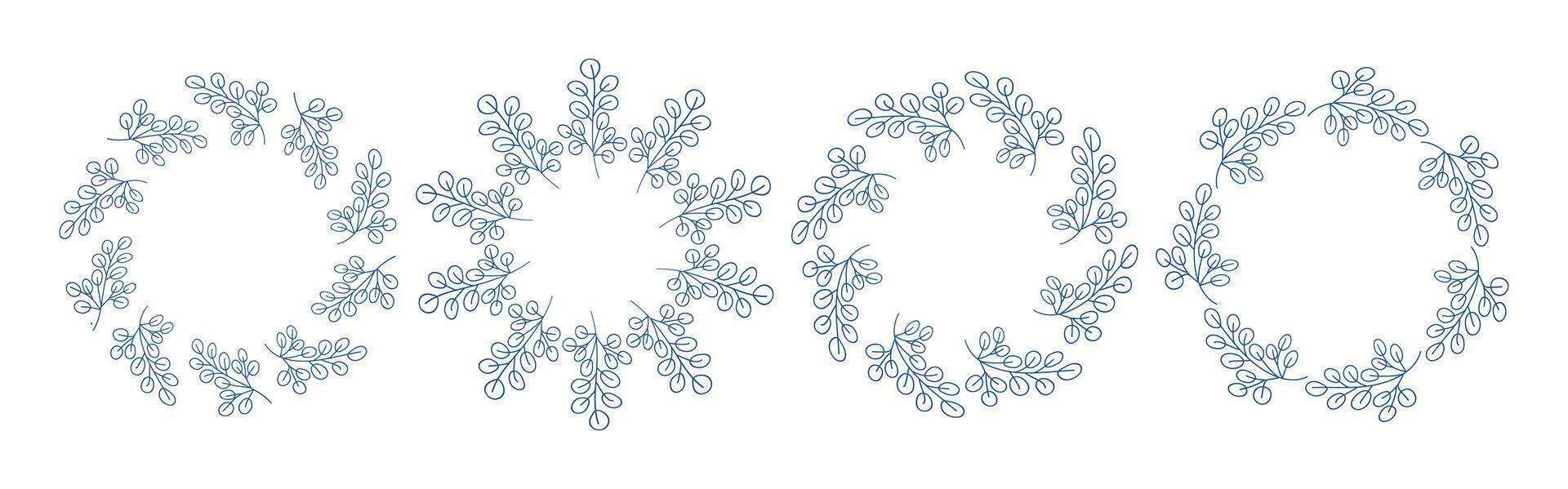 Cute mediterranean blue branches circular frame set. Minimal hand drawn design with leaves. Perfect for wedding invitations, cards, logo design, and posters. vector