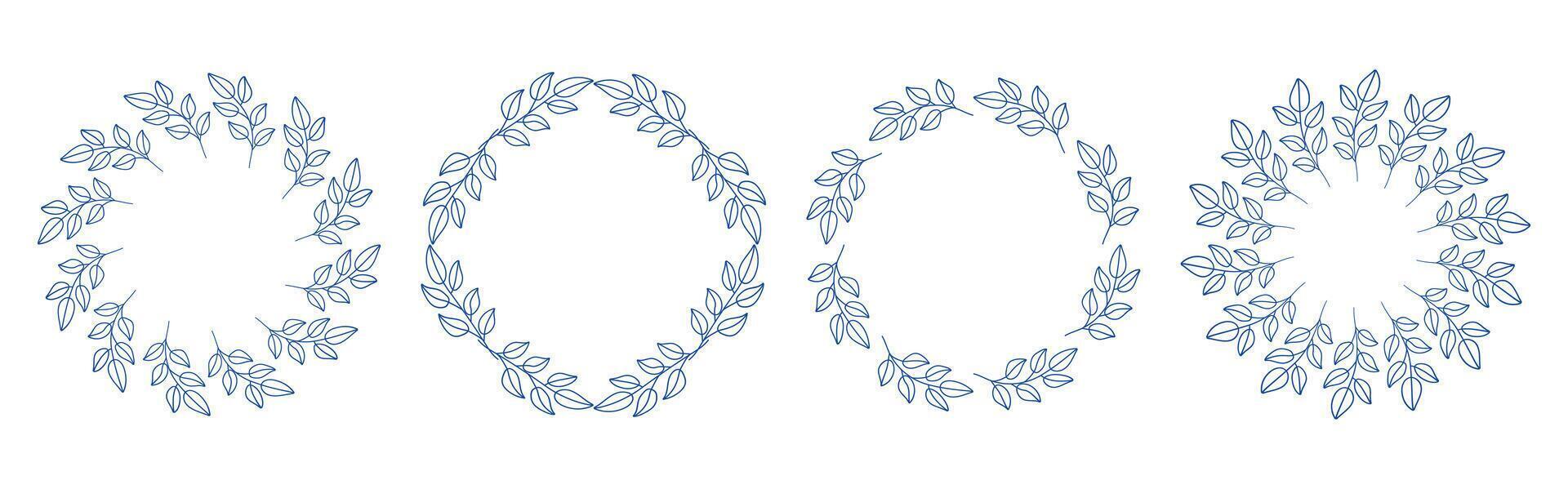 Modern mediterranean blue branches circular frame set. Minimal hand drawn design with leaves. Perfect for wedding invitations, cards, logo design, and posters. vector