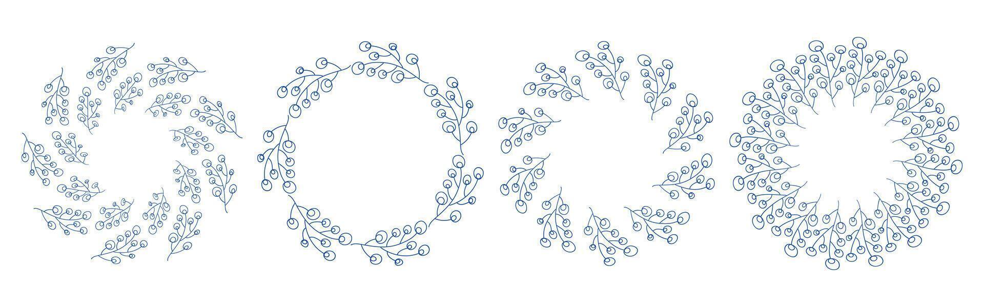 Trendy mediterranean blue branches circular frame set. Minimal hand drawn design with leaves. Perfect for wedding invitations, cards, logo design, and posters. vector