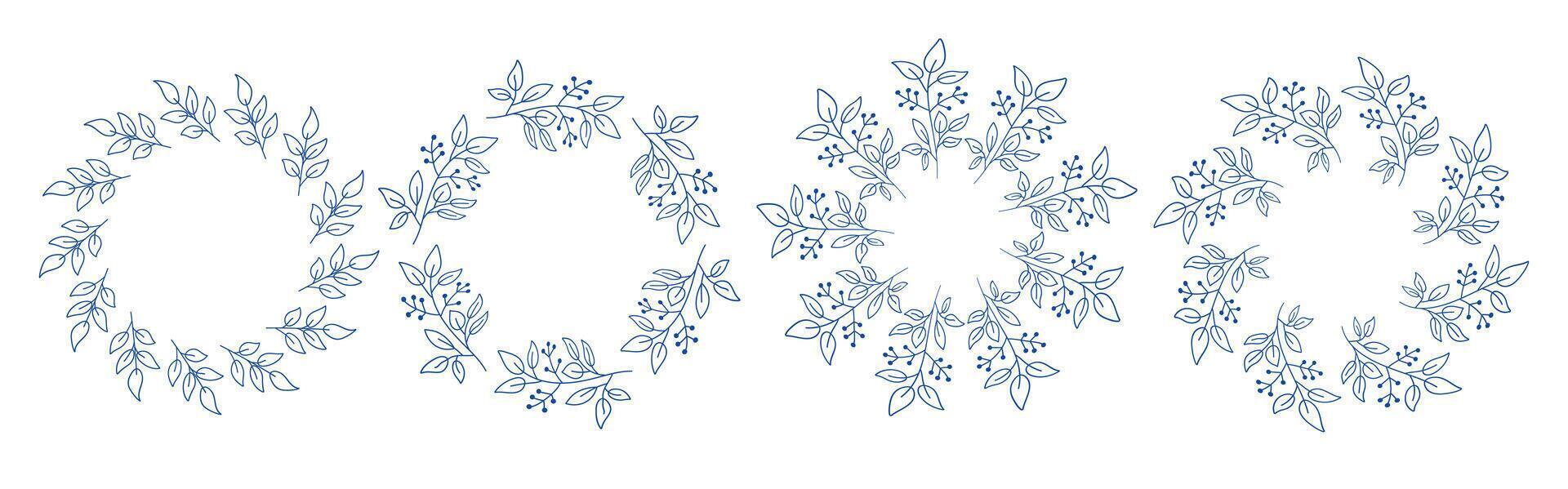 Mediterranean blue branches circle frame set. vector