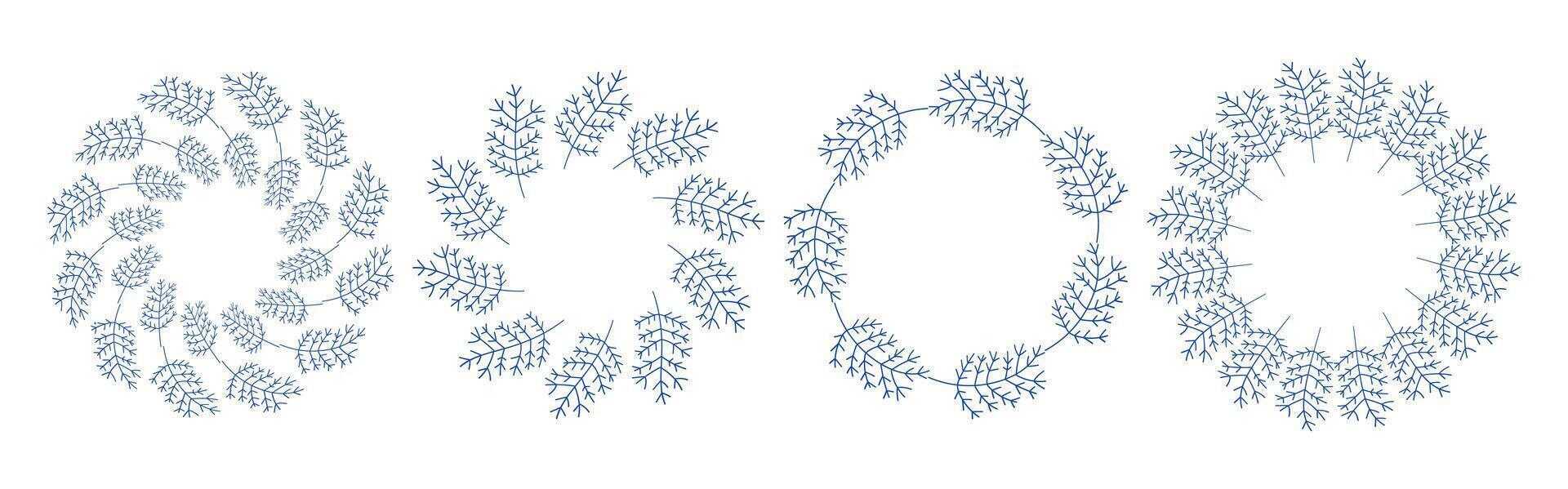 Mediterranean blue branches circle frame set. Hand drawn round line border, leaves and flowers, logo design and posters template. Modern minimal style floral set vector