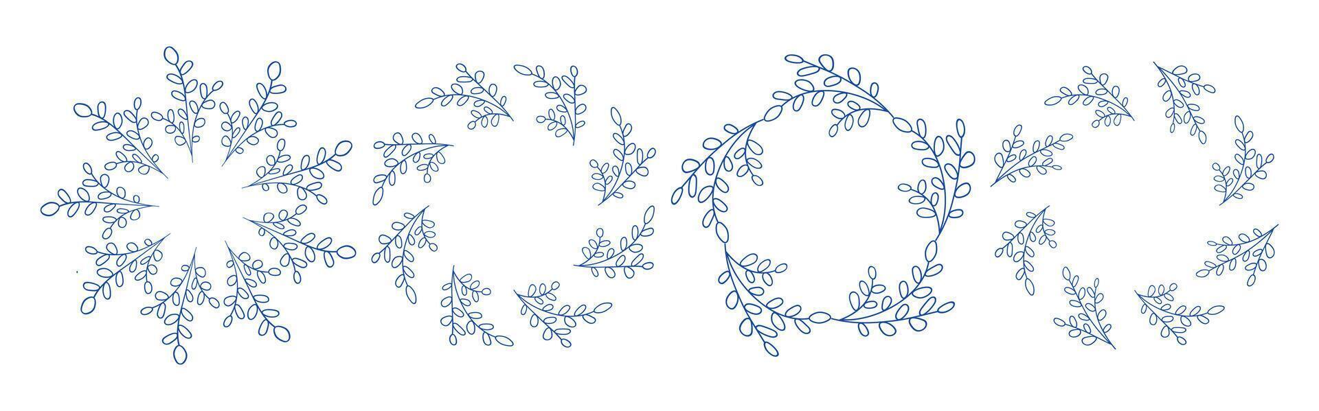 Mediterranean blue branches circle frame set. Minimal style floral set. Hand drawn round line border, leaves and flowers, cards, logo design and posters template. vector