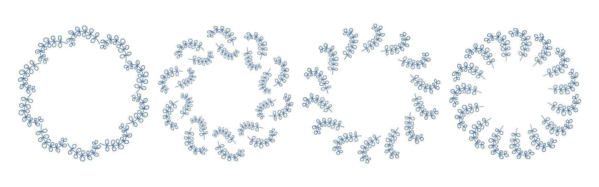 Mediterranean blue branches circle frame set. Hand drawn round line border, leaves and flowers, wedding invitation and cards. Minimal style floral set vector