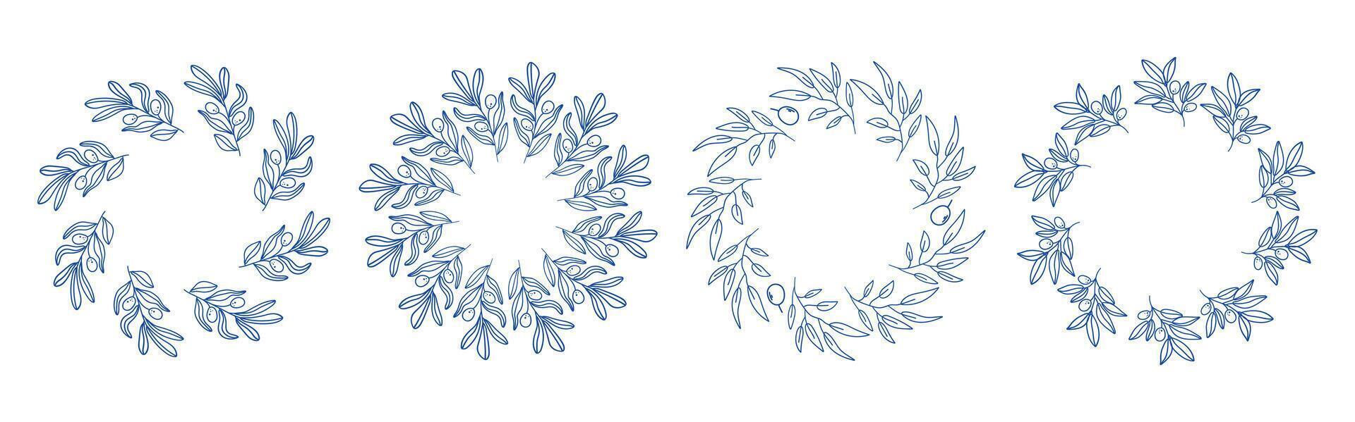 Mediterranean blue branches circle frame set. Hand drawn round line border, leaves and flowers, wedding invitation and cards, logo design and posters template. Elegant minimal style floral set vector