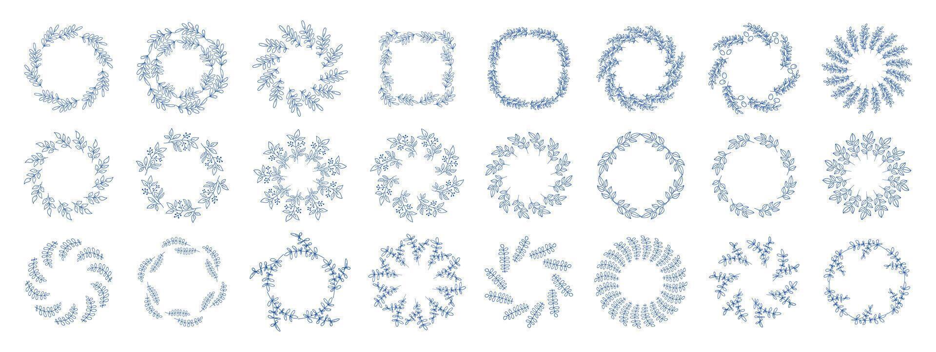 Mediterranean blue branches circle frame big set. Ideal for wedding invitations, cards, logos, and posters. Minimal hand drawn design with leaves . vector