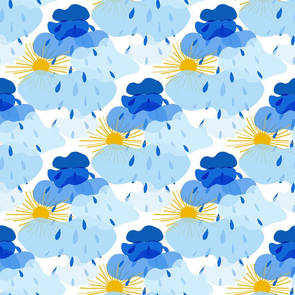 Seamless pattern of yellow sun and clouds of different shades of blue with raindrops in children's style hand drawn for posters, cards, stickers. vector