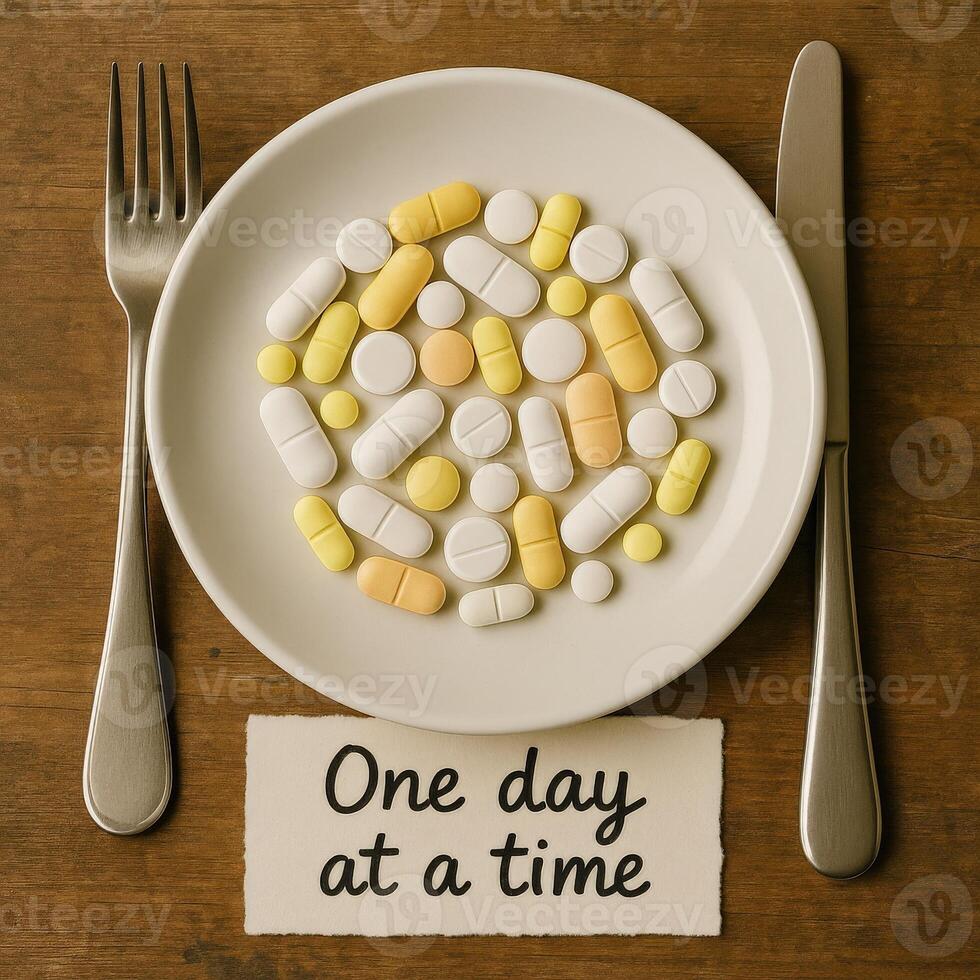 A collection of white, yellow, and beige tablets is artfully arranged on a white plate, accompanied by a motivational phrase emphasizing taking one day at a time for personal well-being. photo