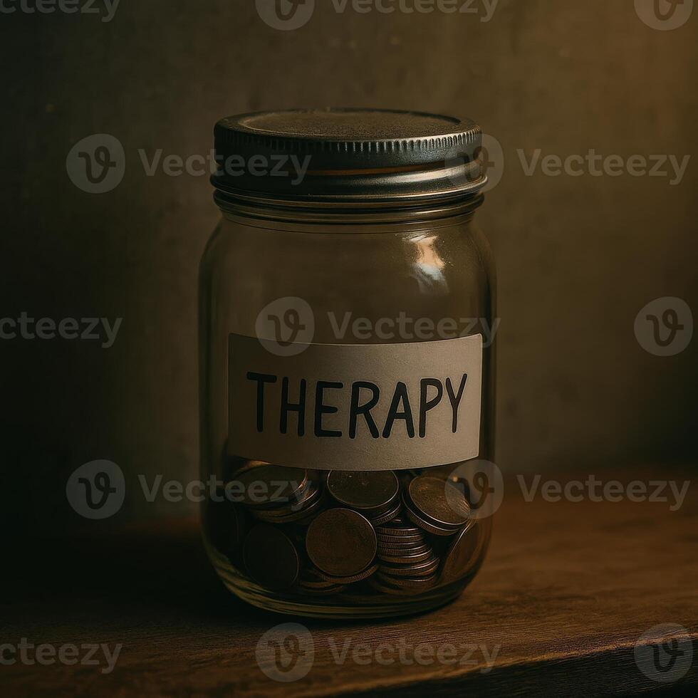 A glass jar labeled therapy contains a collection of coins resting on a wooden shelf. The dim lighting creates an intimate atmosphere, emphasizing the jar's significance. photo
