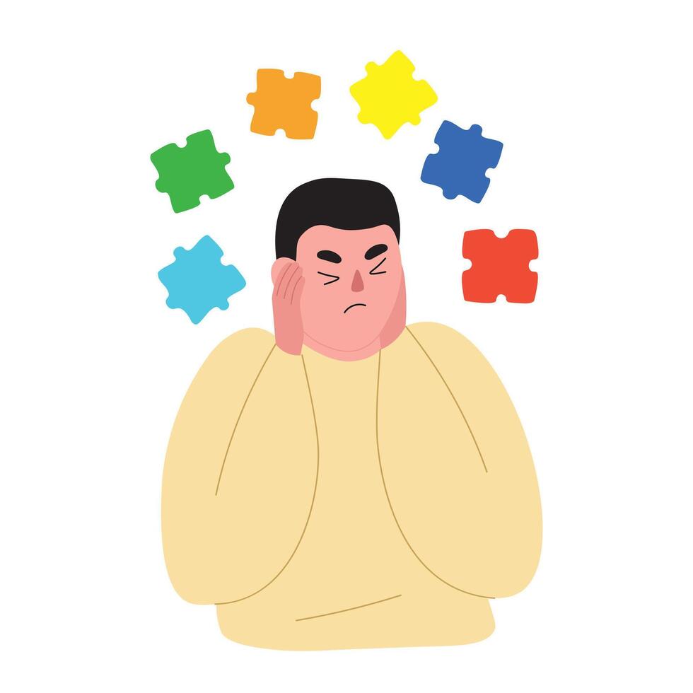 The boy has difficulties with the world around him, with his mental health. Puzzle as a symbol of autism. The man closed his eyes and ears. flat graphics. vector