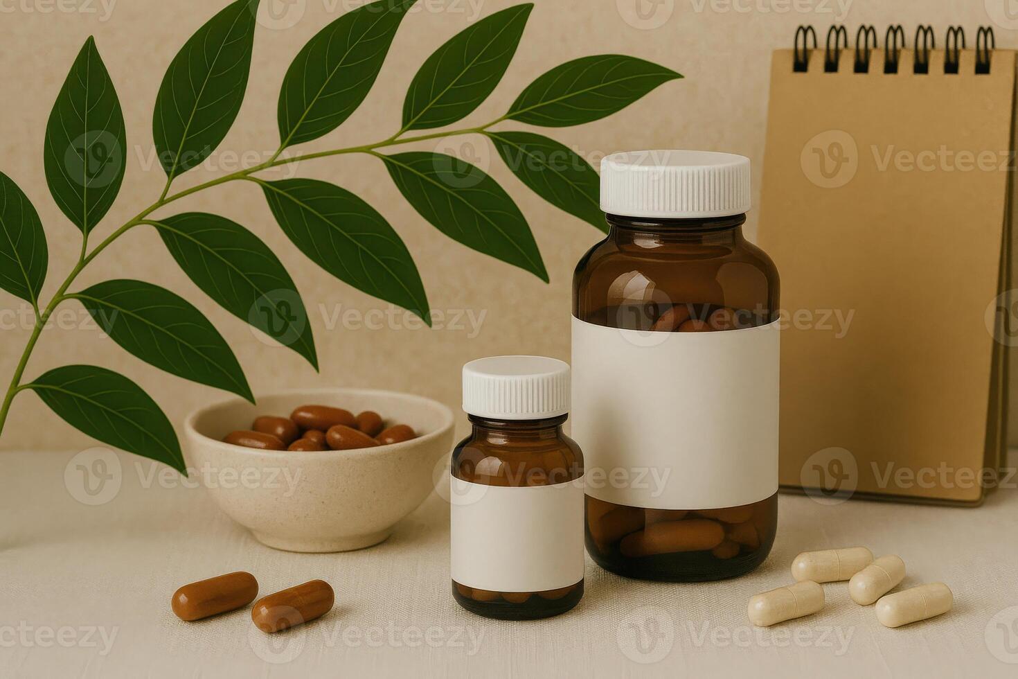 Two supplement bottles sit beside a bowl of various capsules and a notepad, accented by green leaves, showcasing an organized and calming wellness space perfect for health enthusiasts. photo