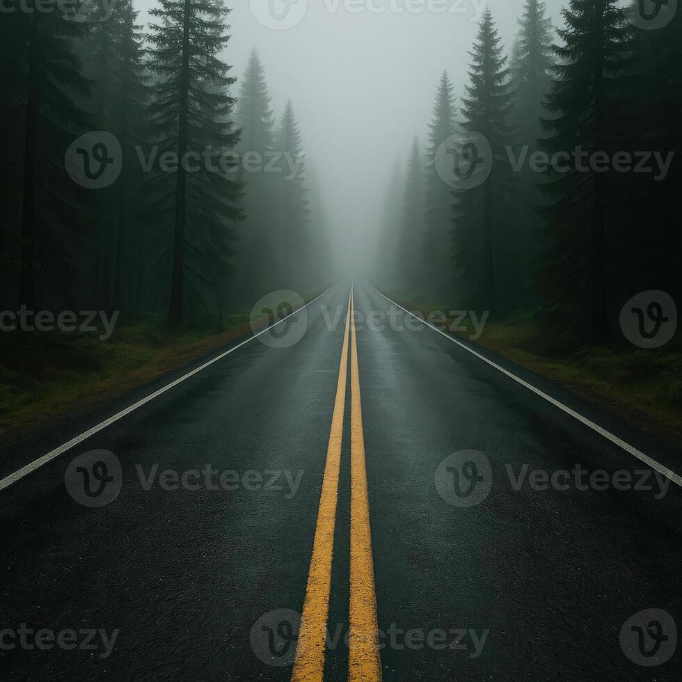 A long, winding road disappears into dense fog surrounded by tall evergreen trees. The damp pavement glistens in the soft morning light, creating a serene yet mysterious atmosphere. photo