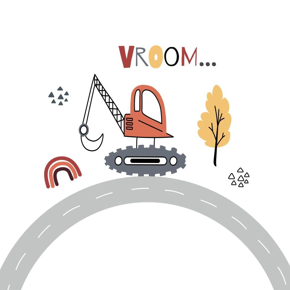 Construction vehicle working on a road surrounded by trees and a rainbow under a clear sky vector