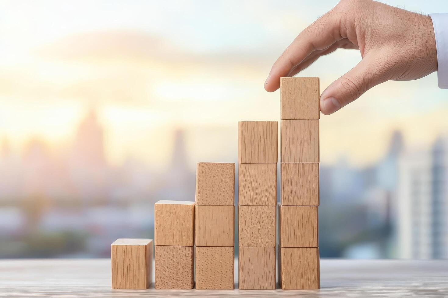 Hand placing wooden blocks in an ascending pattern against a city backdrop. Business growth globalization expansion concept. photo