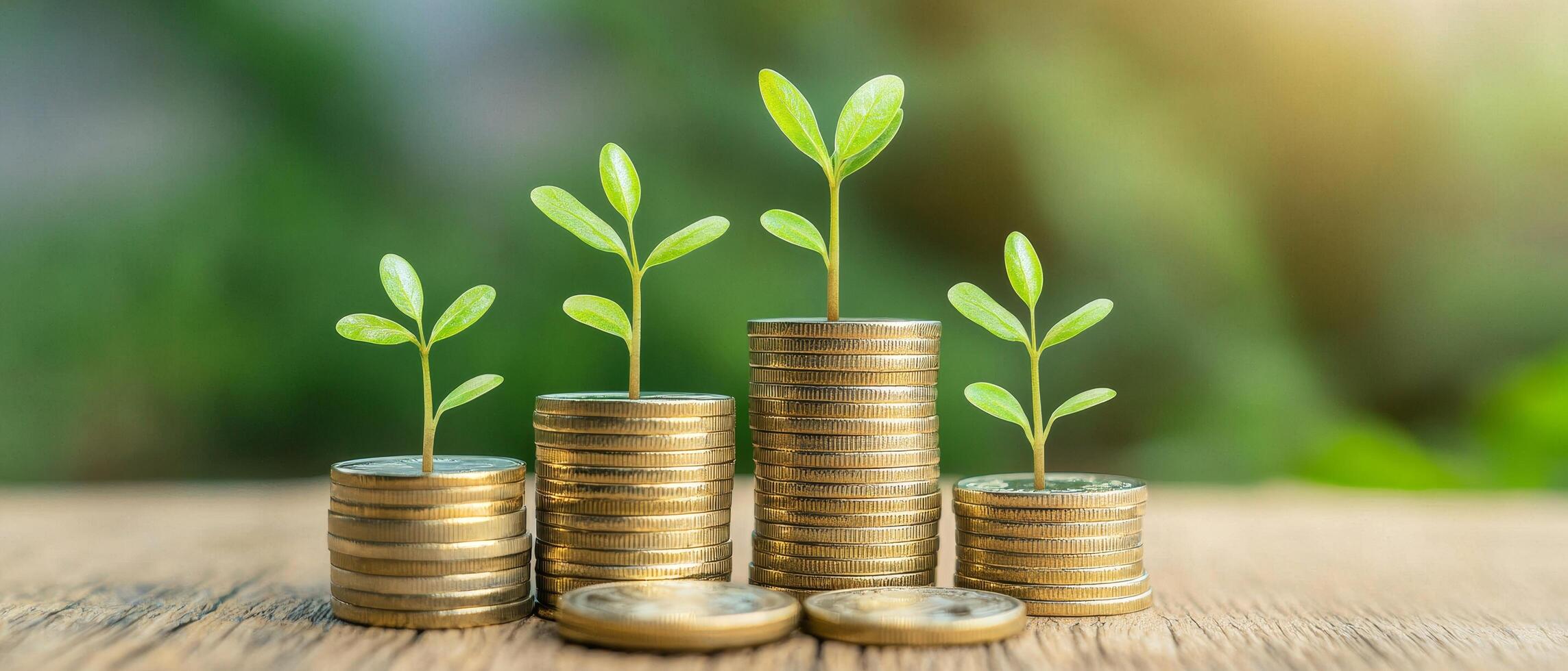 Growing plants on stacked coins symbolizing financial growth. Sustainable business green economy and policy concept. photo
