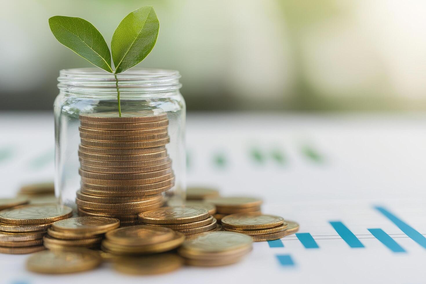 Plant growing from coins in a jar, symbolizing financial growth. Sustainable business social impact concept. photo