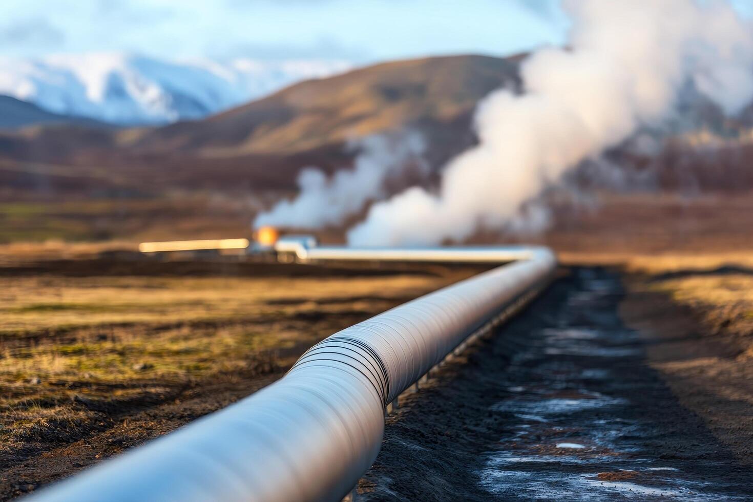 Pipelines surrounded by mountains and steam in a natural landscape. Renewable resources geothermal and sustainability efficiency concept. photo