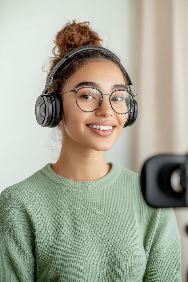 Young woman with headphones, smiling at camera in a cozy setting. Digital marketing with influencer optimization concept. photo