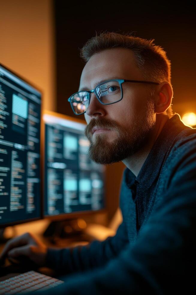 Focused man working on dual monitors in a dimly lit environment. Virtual teams management concept. photo