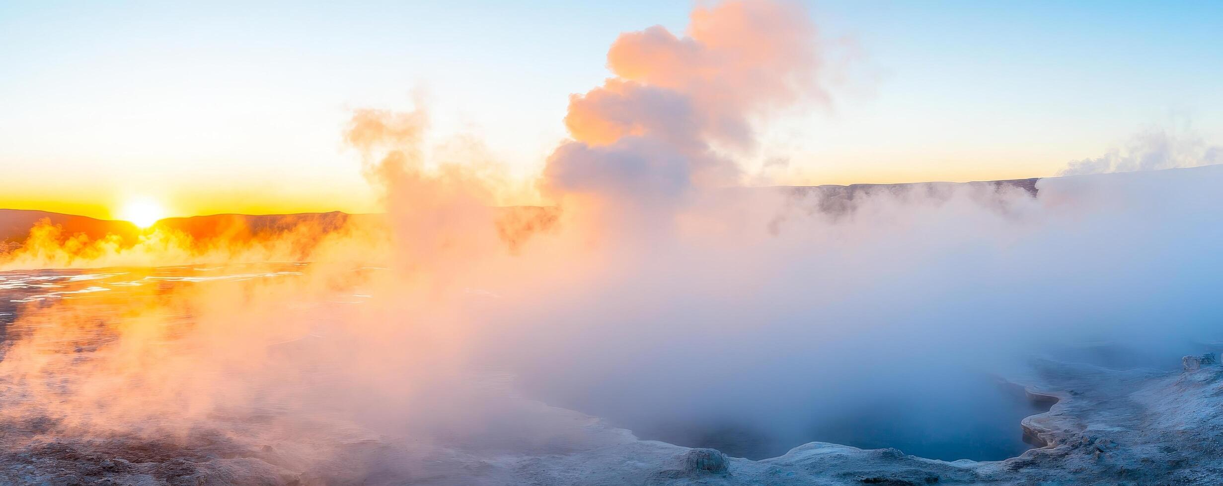 Steam rises from a geothermal pool at sunrise, creating a mystical atmosphere. Renewable resources geothermal and sustainability efficiency concept. photo