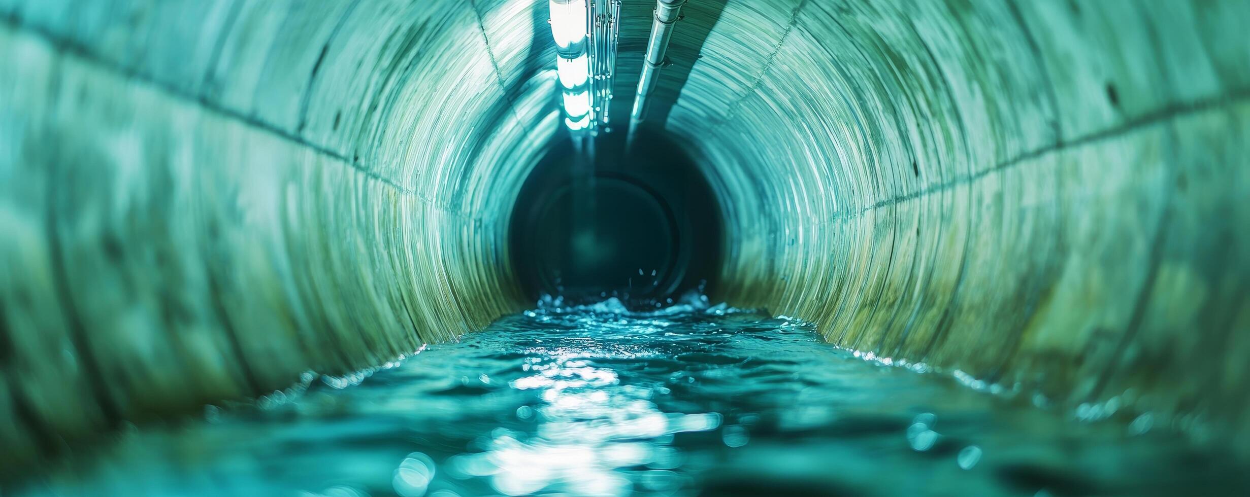 Underground tunnel with flowing water and illuminated walls. Renewable resources hydro sustainability efficiency. photo