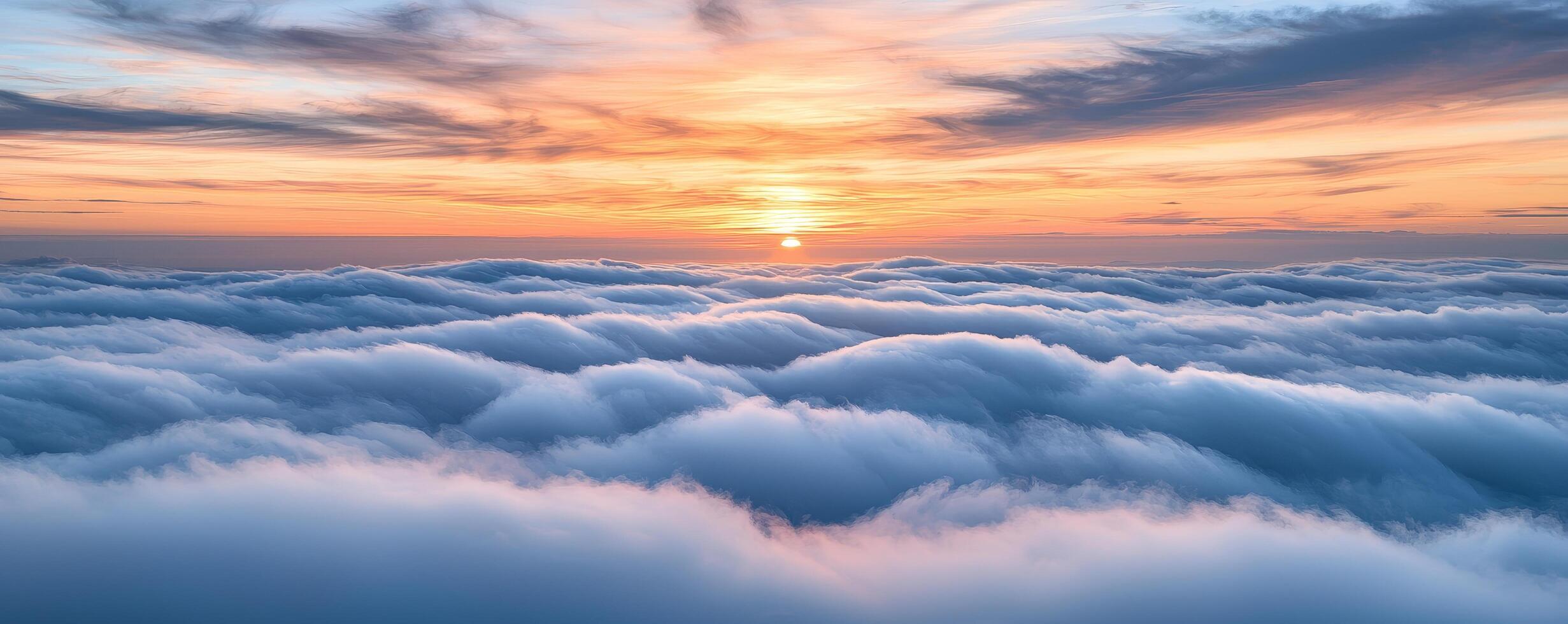 Vibrant sunset over soft, fluffy clouds in a colorful sky. Cloud formations and skies serene, aesthetic, atmosphere, tranquil, panoramic concept. photo