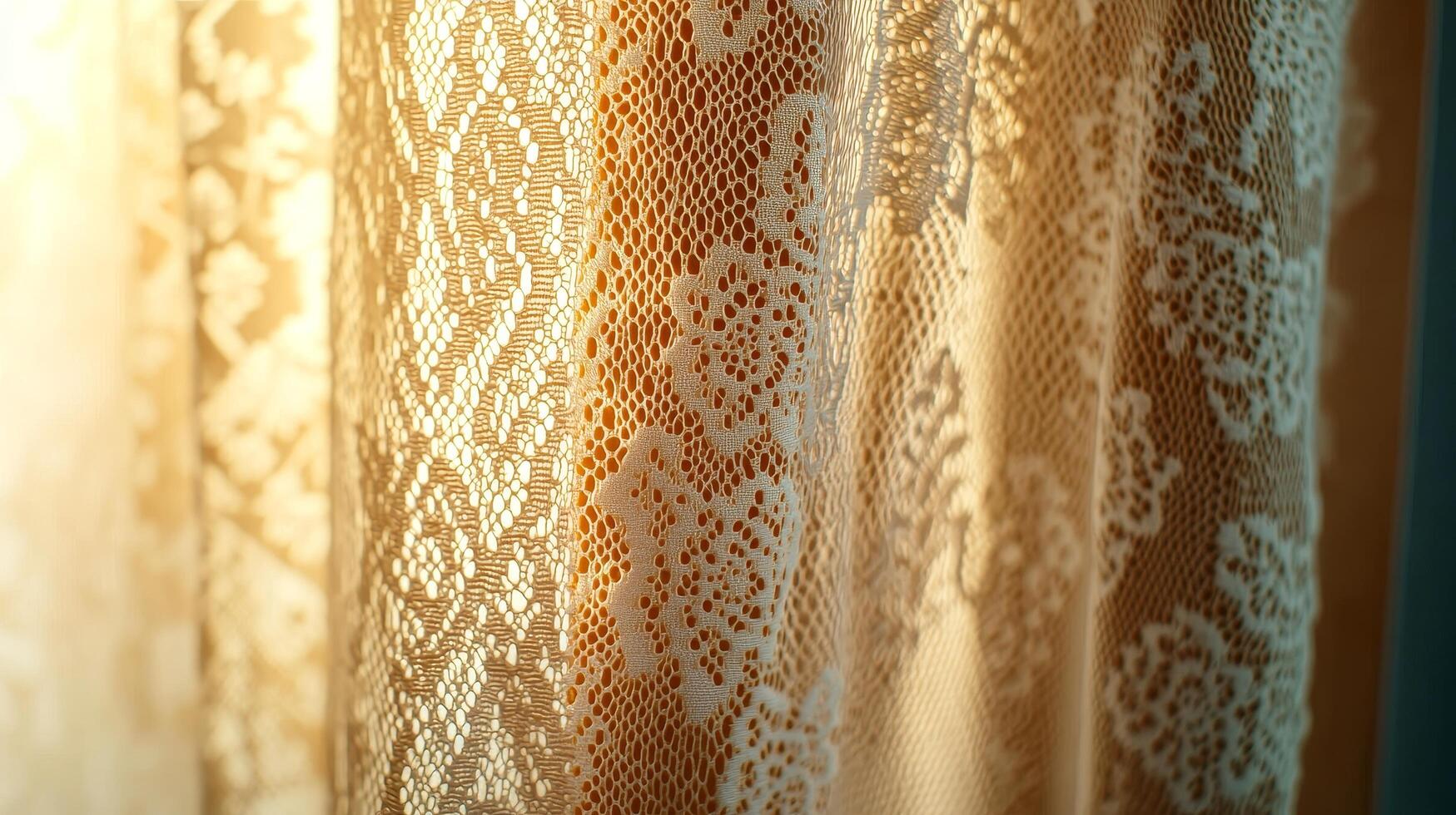 Translucent lace curtains filtering warm light. Golden hour and shadow play concept. photo