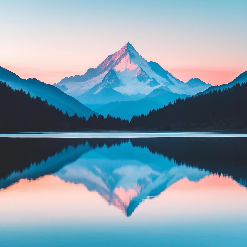 Majestic mountain reflection at dawn in serene landscape. Reflection and mirroring double exposure concept. photo