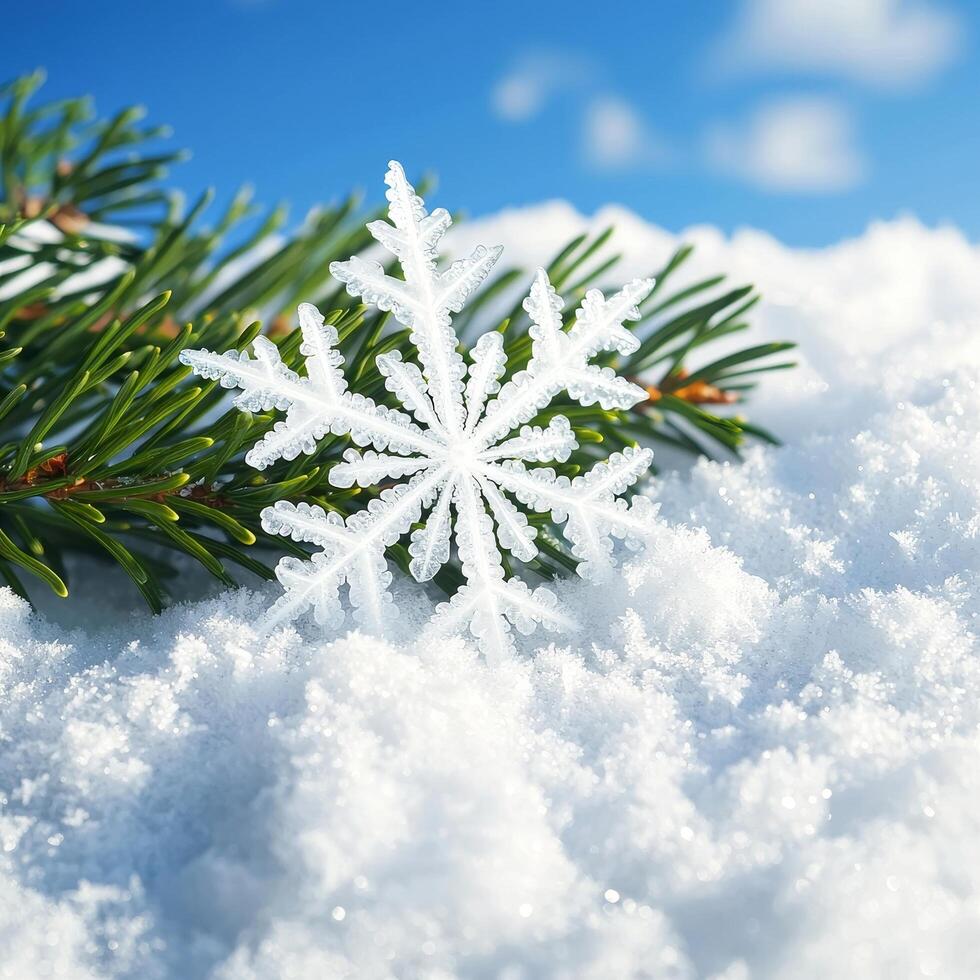 Snowflake resting on pine branches amidst fluffy white snow. Ice and snow formations snowflake concept. photo