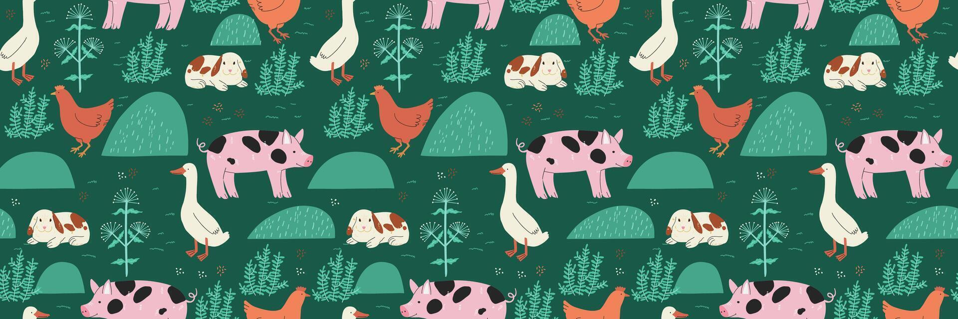 Seamless pattern with farm animals, including cows and pigs, on a green background with trees and barns. Playful and colorful rural theme, ideal for children's textiles, wrapping paper. vector