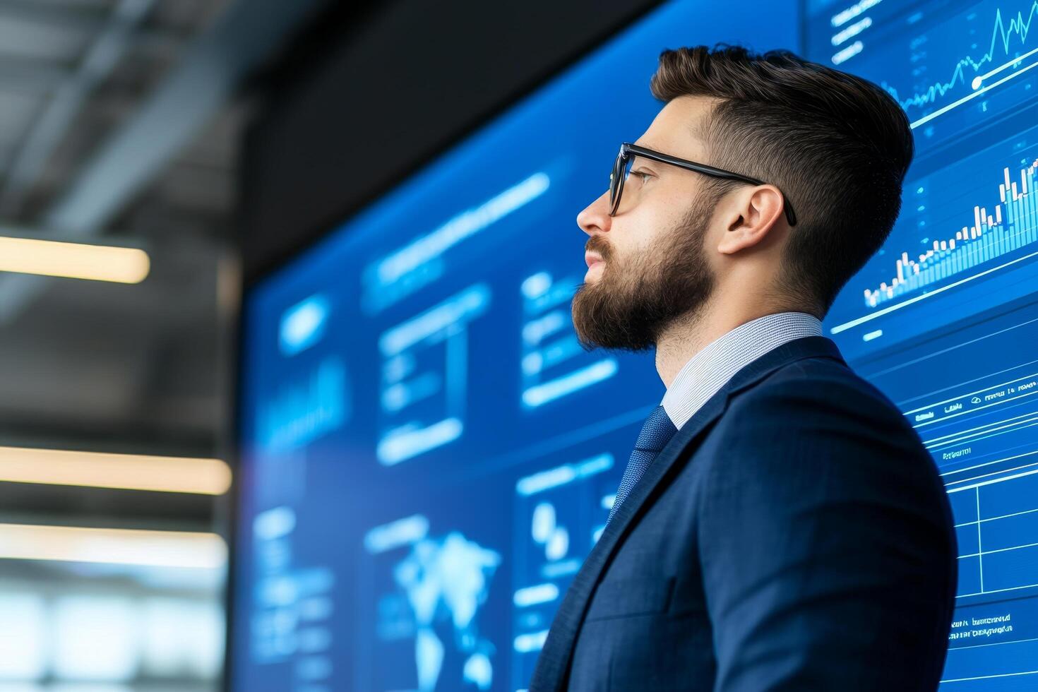 Customer experience and engagement with relationship management concept. Professional man analyzing data on a digital screen in an office setting. photo