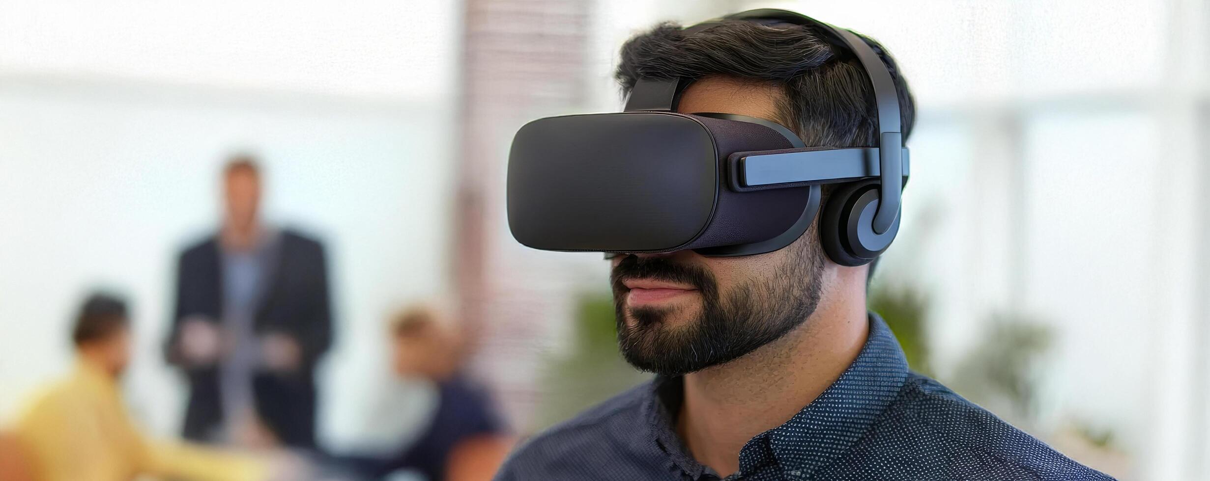 Customer experience and engagement optimization concept. Man wearing VR headset in a modern office environment. photo