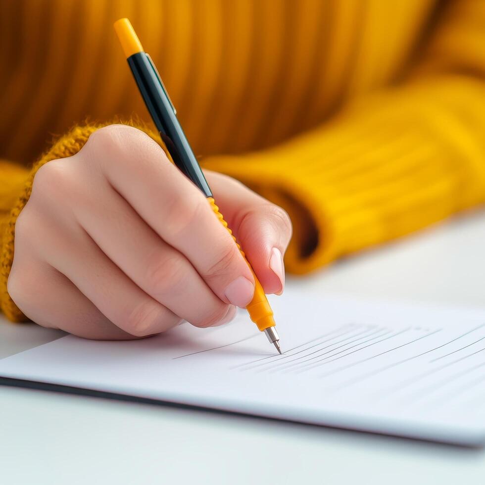 Customer experience and engagement service quality concept. Writing with a pen on a notepad, hands in focus with a warm sweater. photo