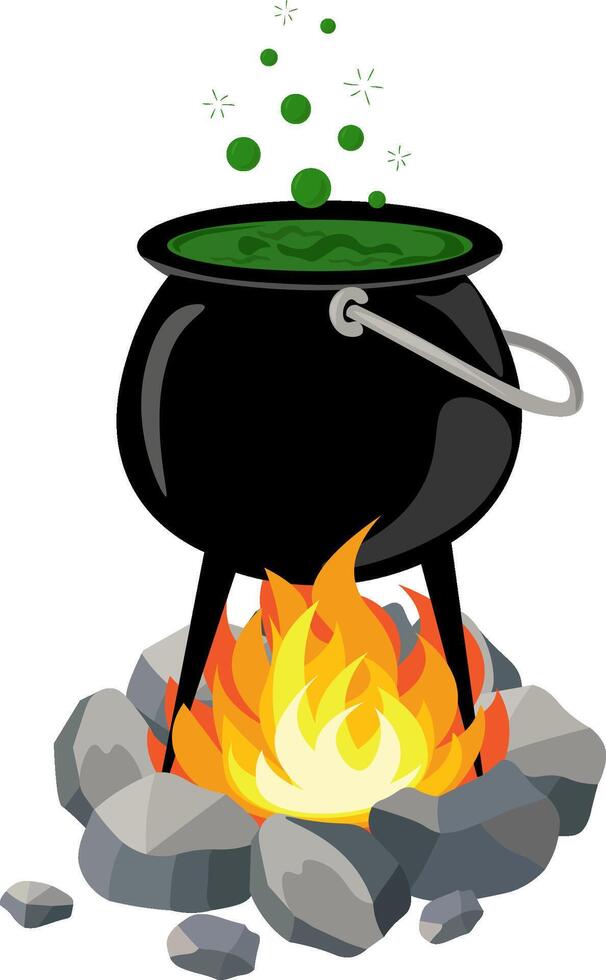 cauldron with green potion on the fire. Halloween vector