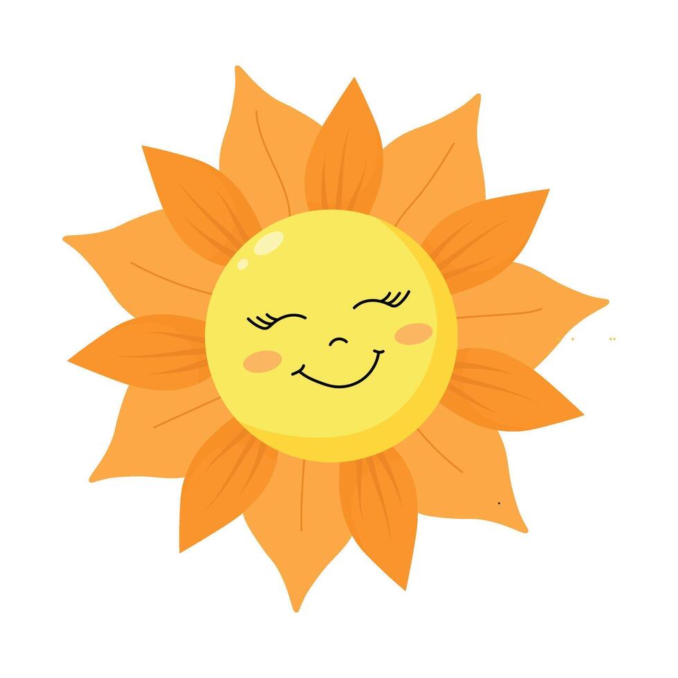 Cute sun character with happy smiling face in simple kawaii style. Childish sunshine emoji. Weather icon or logo clipart design element. illustration vector