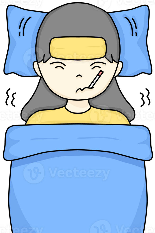 A hand-drawn cartoon of a woman lying down shivering from the cold due to the flu png