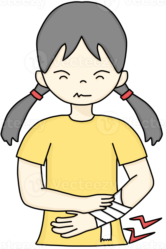 A hand-drawn cartoon of a woman with arm pain or a broken arm png