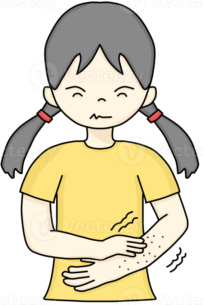 A hand-drawn cartoon of a girl scratching her arm due to a rash png