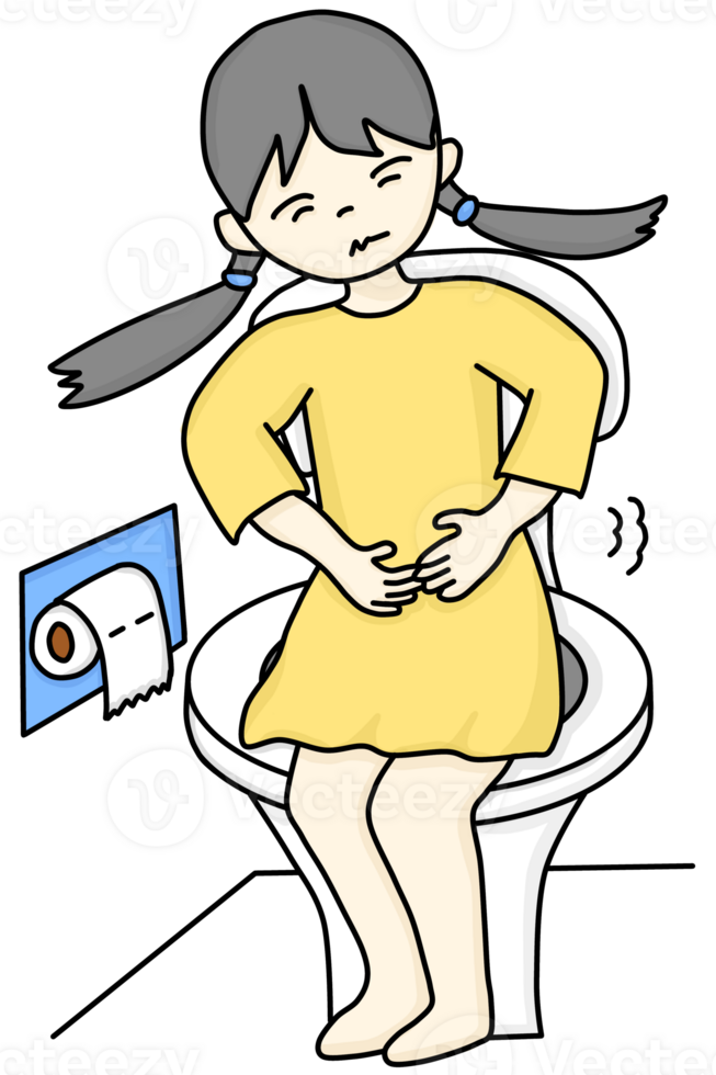 A hand-drawn cartoon of a woman sitting on a toilet with stomach pain due to diarrhea png