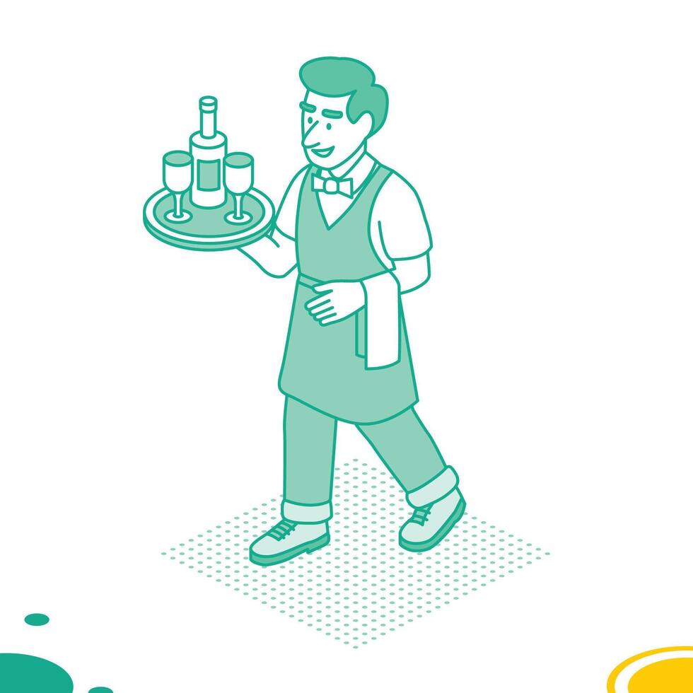 Smiling waiter. Isometric outline concept. Man in uniform holding a tray with a bottle of wine and two glasses. Restaurant business, customer service, HoReCa industry. vector