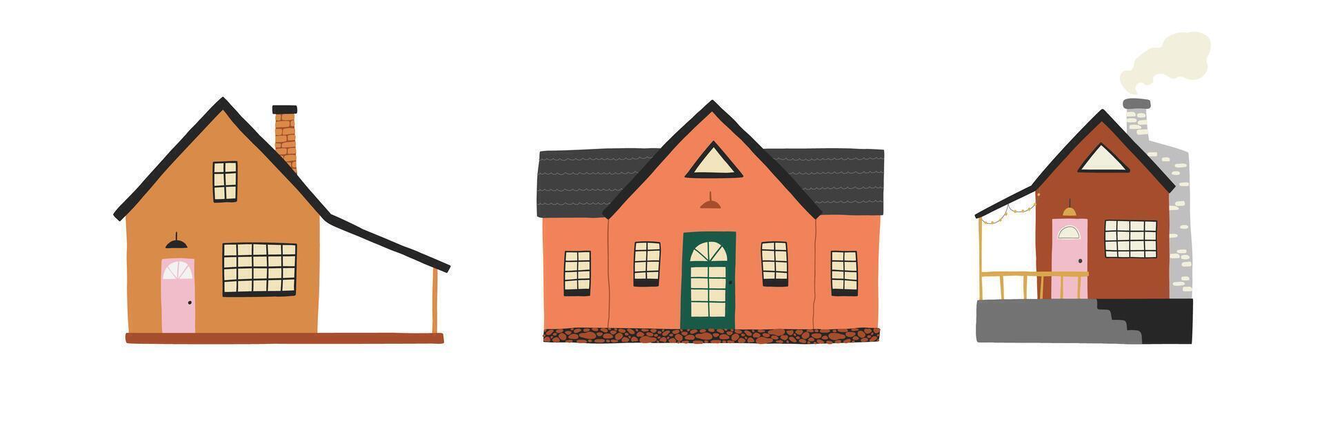 A charming set of illustrations featuring three traditional village houses in warm colors. Ideal for real estate, architecture, or rural themed design projects. vector