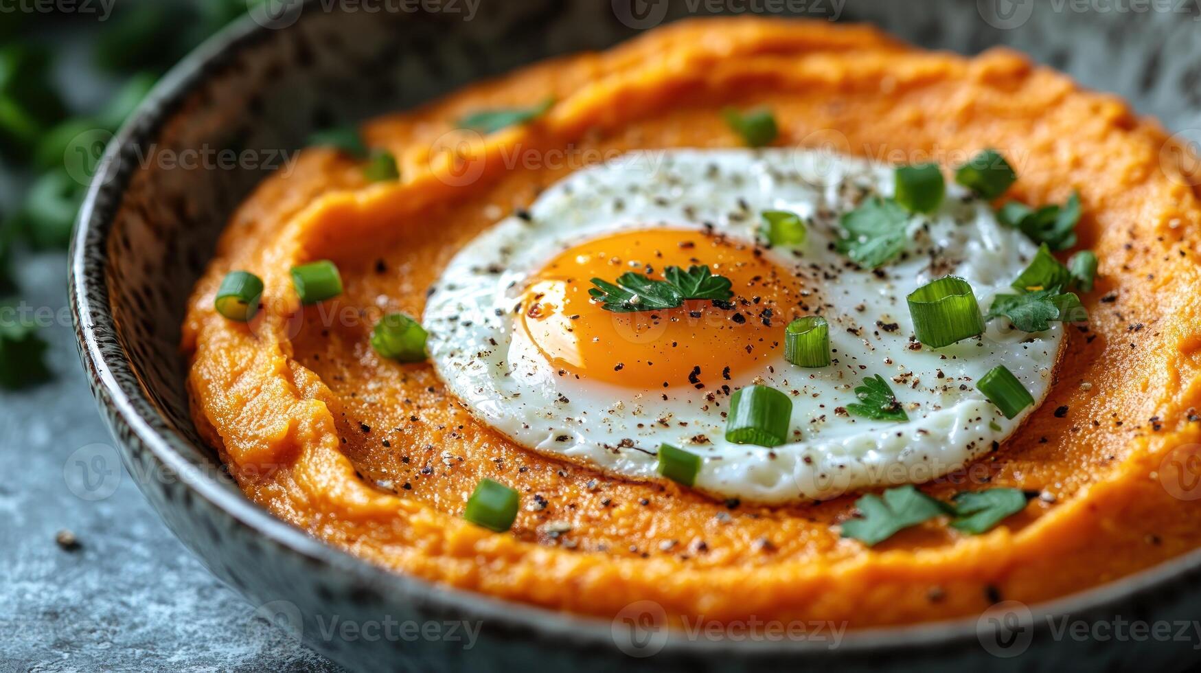 Creamy sweet potato pure topped with a fried egg photo