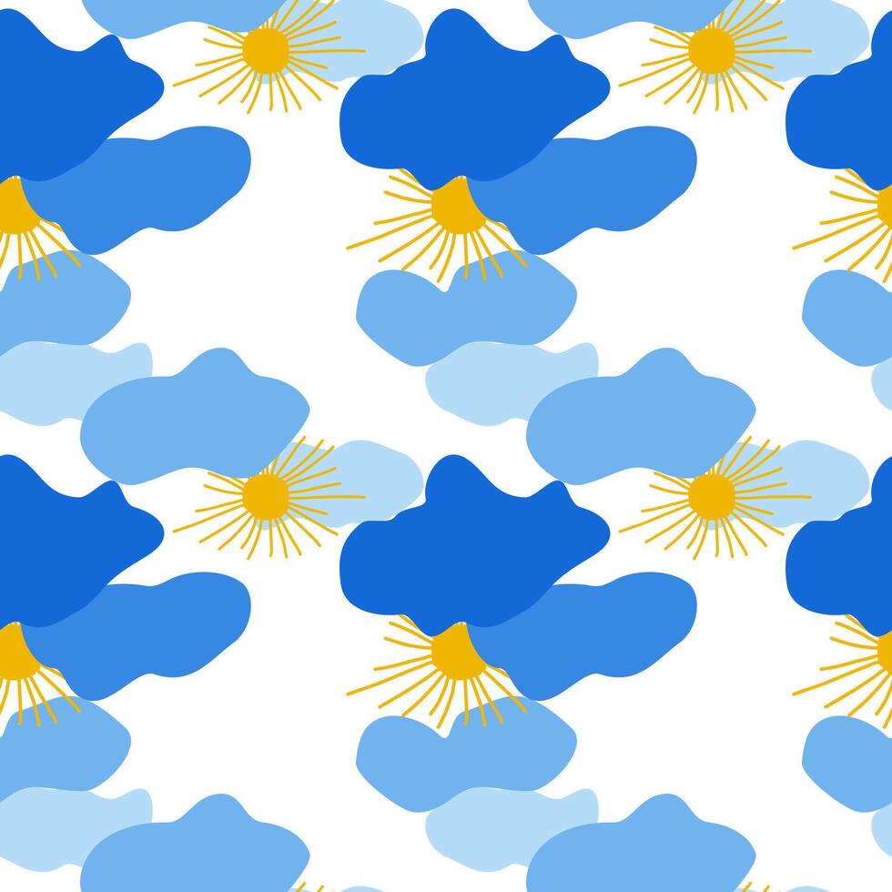 Seamless pattern of yellow sun and clouds of different shades of blue in children's style hand drawn for posters, cards, stickers. Seamless pattern on pastel soft blue background vector
