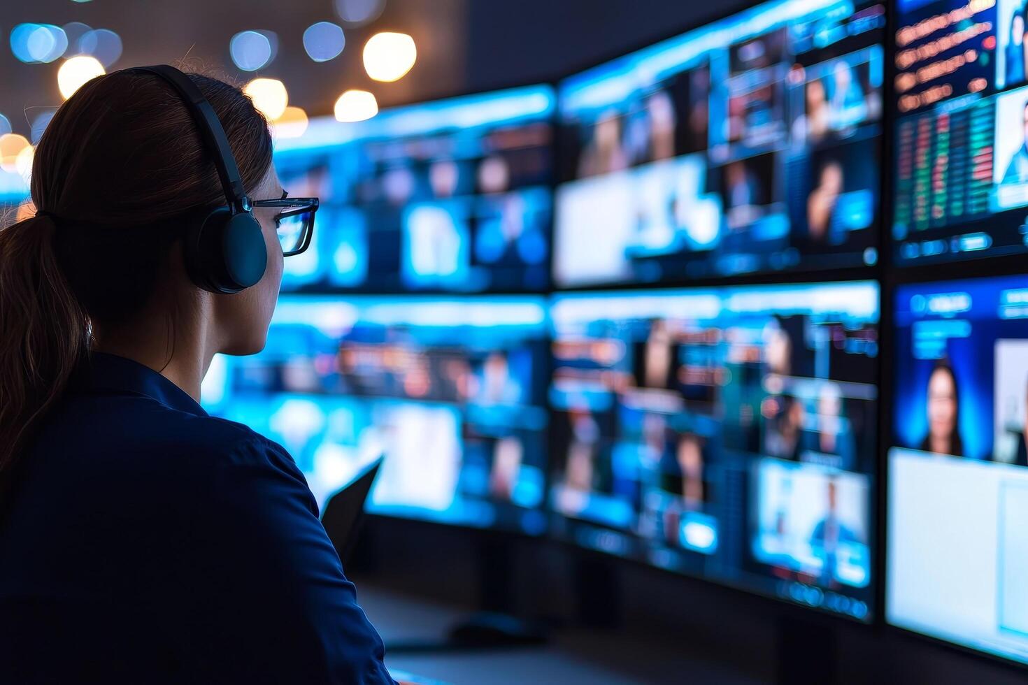 Remote work in a virtual space with high efficiency. Focused professional monitoring multiple screens in a tech environment photo