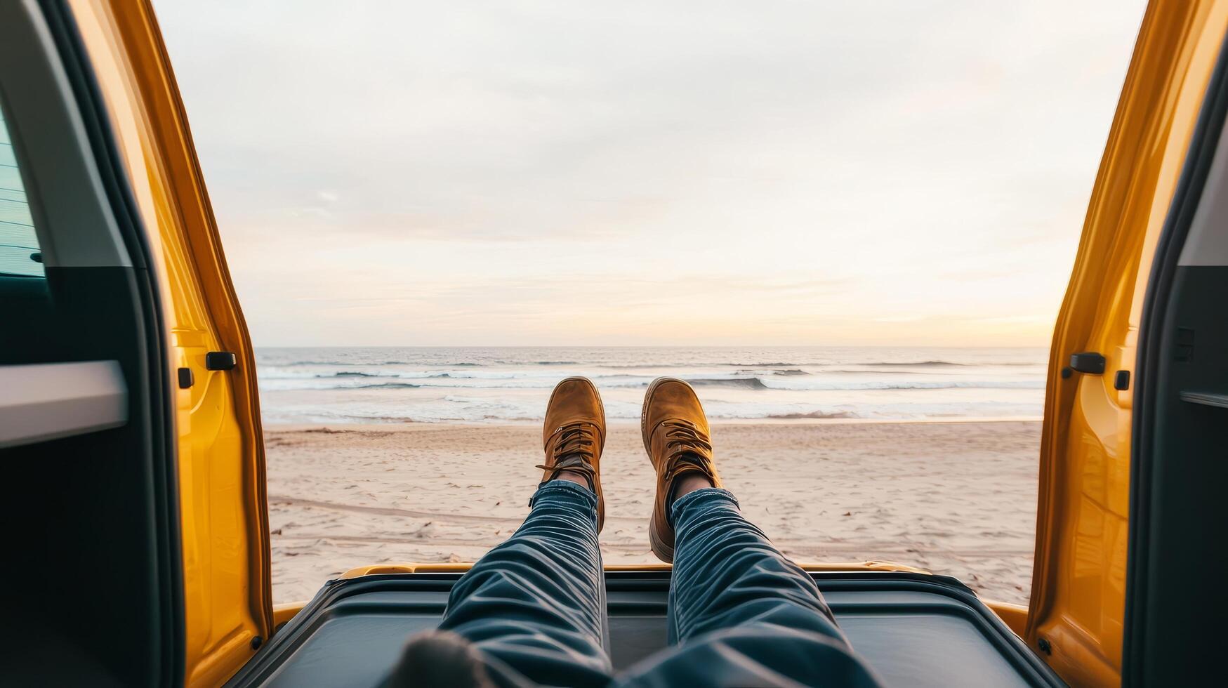 Summer break beach road trip concept. Relaxing view from a van at the beach with legs stretched out. photo