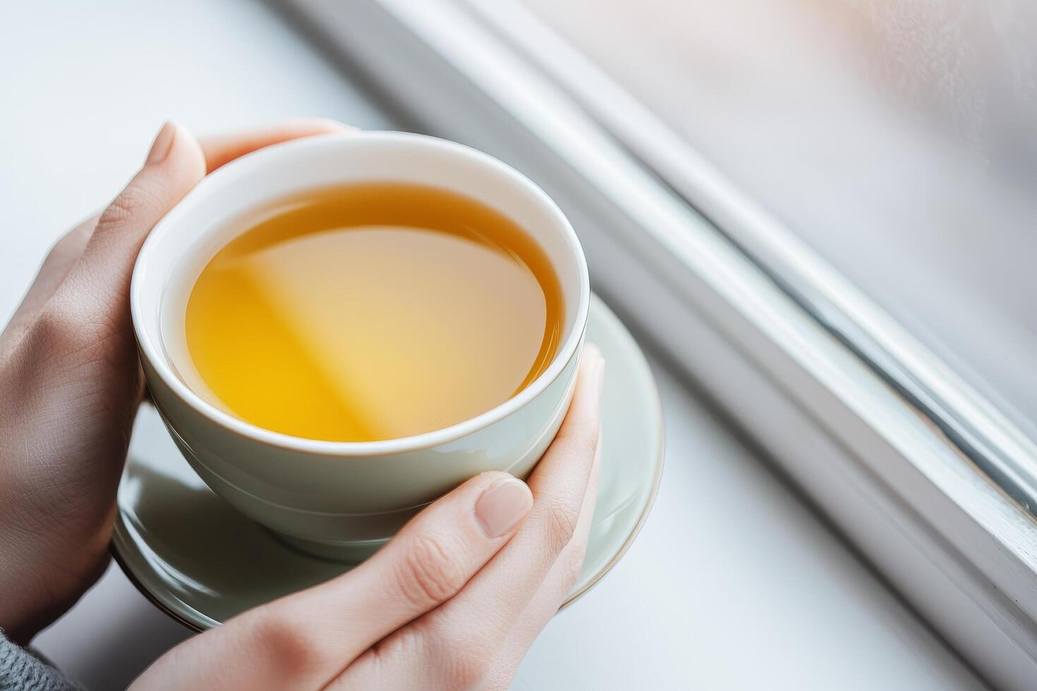 Fatigue fades with mental rest, recovery, and deep relaxation. Warm cup of tea held by hands near a window. photo