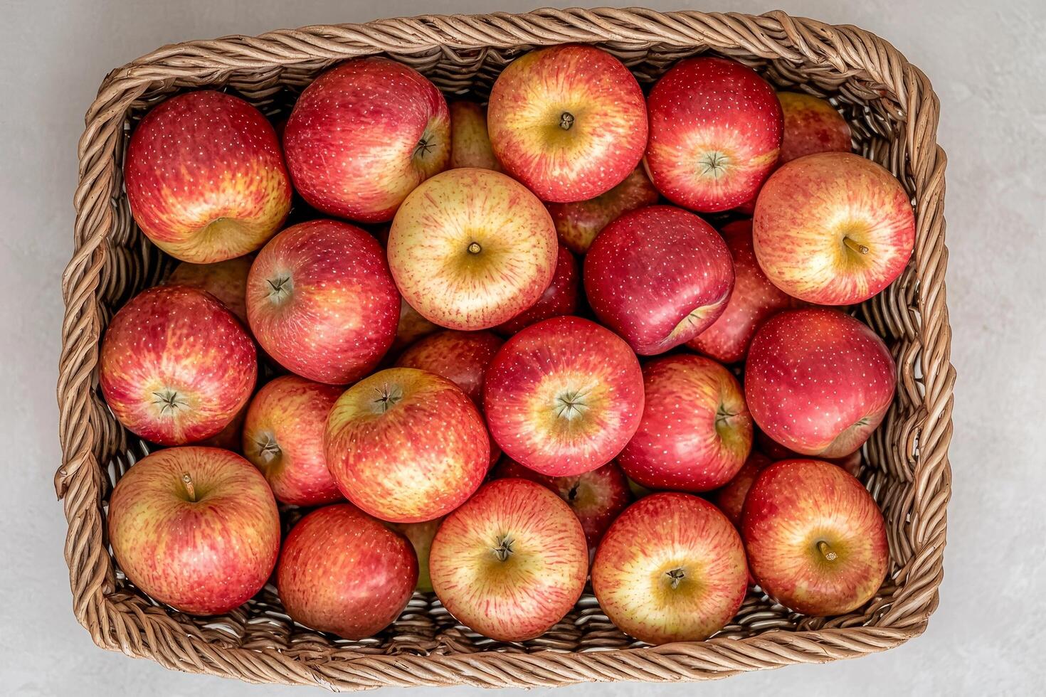 Safe, healthy, and pure food with trusted quality. Basket of fresh, red apples arranged neatly for display. photo